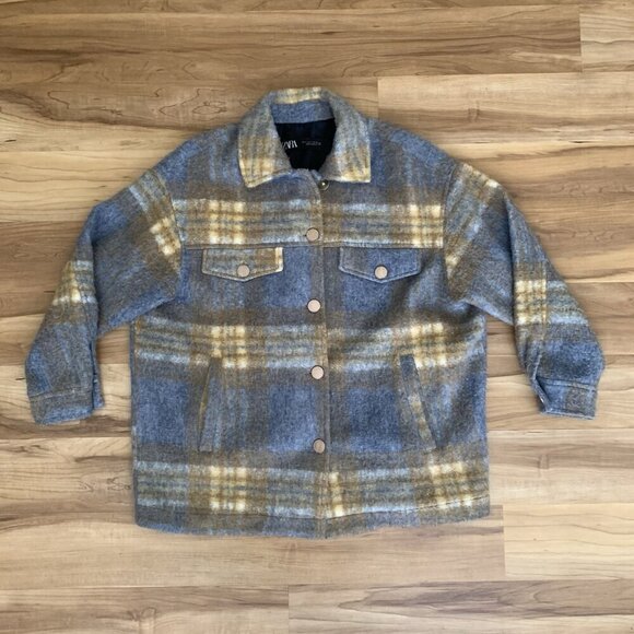 Zara Mix Blue Brown Plaid Shacket Button Long Sleeve Women’s Small Pockets - Picture 2 of 12